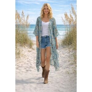Umgee Blue Paisley Bohemian Kimono Duster Waterfall Draped Cardigan 1XL/2XL